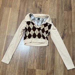 Cropped Checkered Neutral Brown and Cream Collared Shirt Long Sleeves
